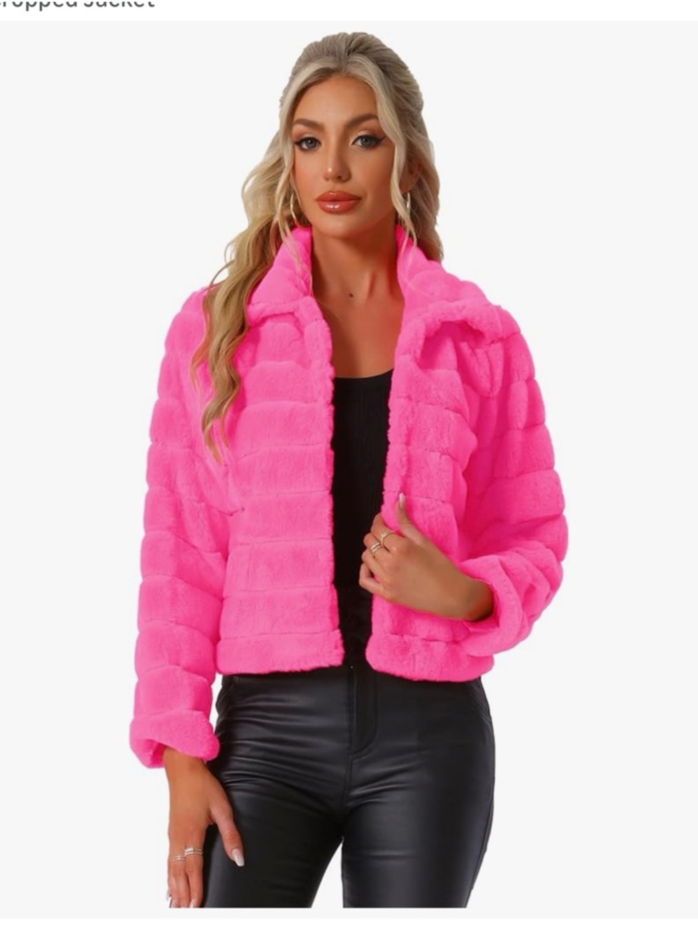 Allegra K Hot Pink Cropped Faux Fur Teddy Jacket